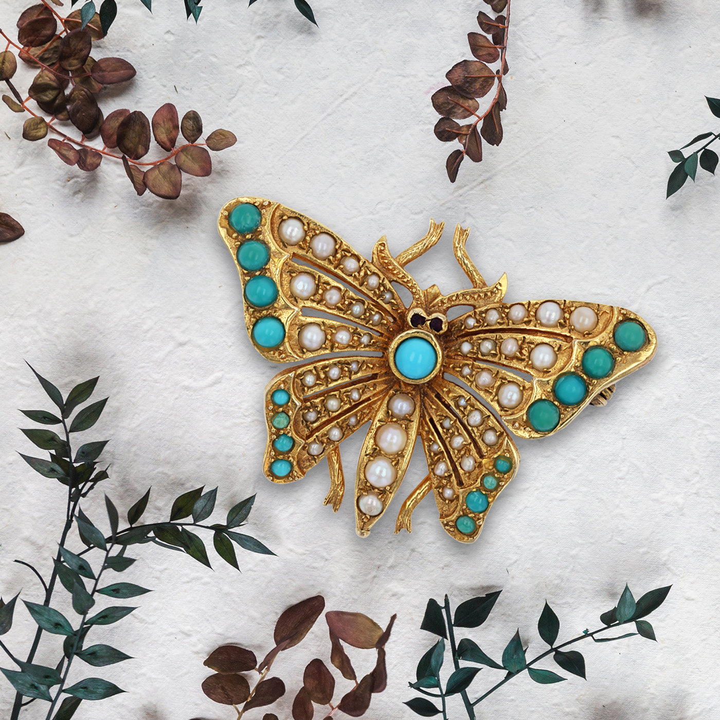 9ct Yellow Gold Turquoise and Seed Pearl Butterfly Brooch