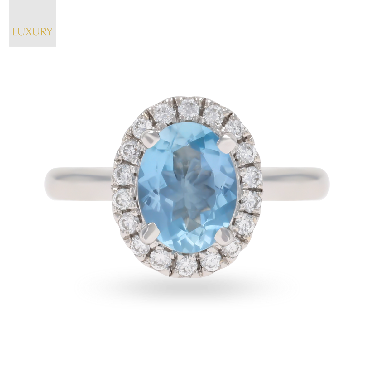 18ct White Gold Oval Shaped Aquamarine & Diamond Cluster Ring