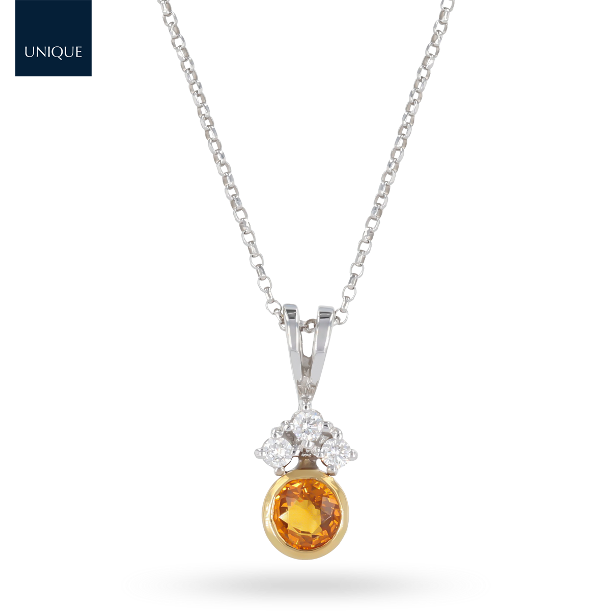 18ct Yellow & White Gold Orange Sapphire & Diamond Set Pendant & Chain