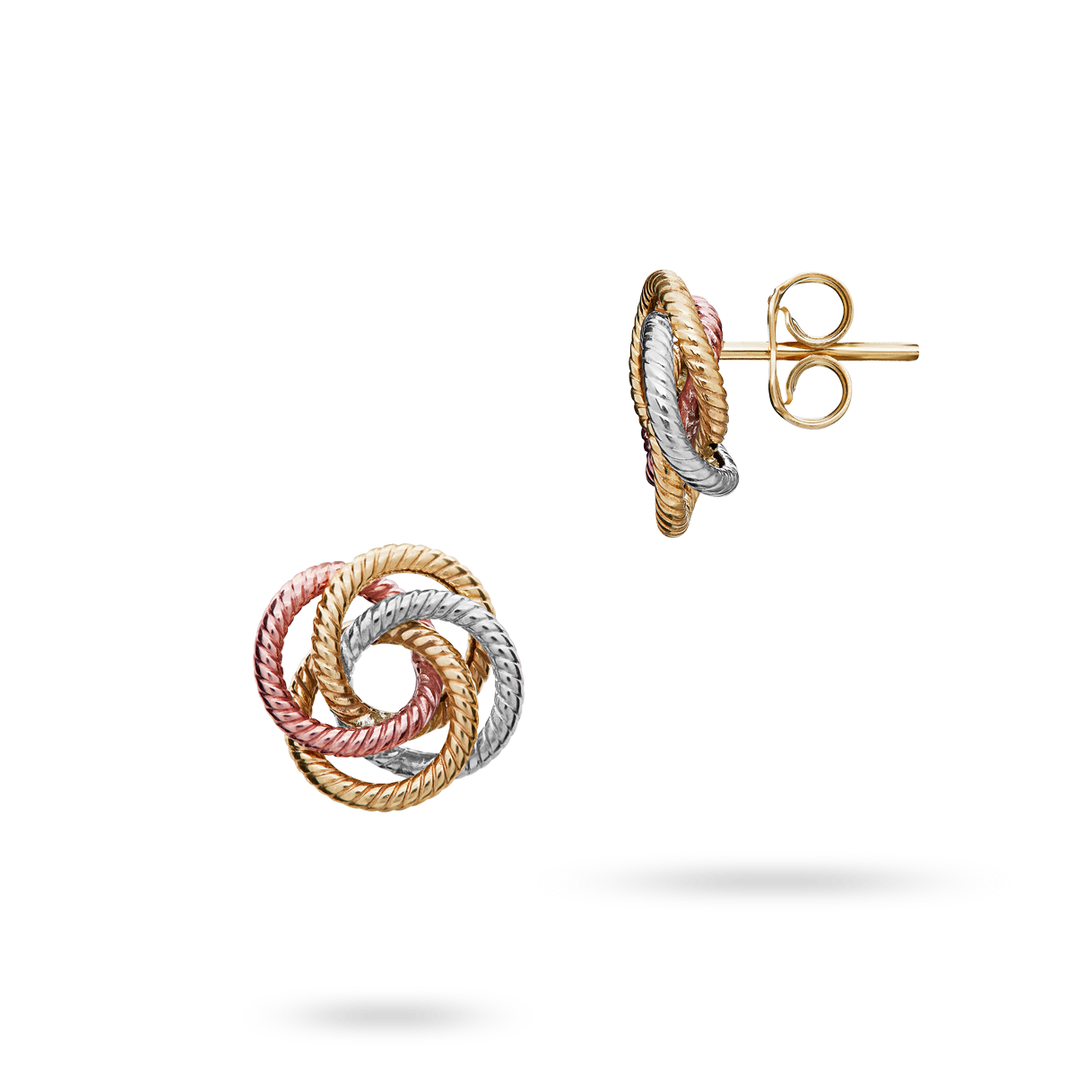 9ct Three Colour Gold Ribbed Wire Knot Stud Earrings