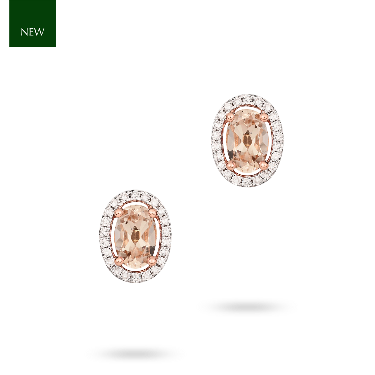 9ct Rose Gold Oval Morganite & Diamond Halo Cluster Stud Earrings