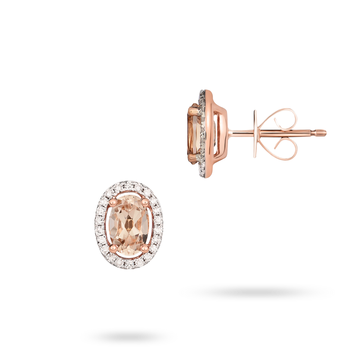 9ct Rose Gold Oval Morganite & Diamond Halo Cluster Stud Earrings