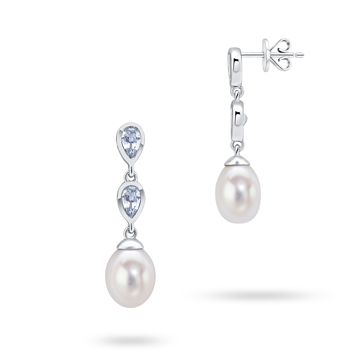 9ct White Gold Pearl and Aquamarine Double Drop Earrings
