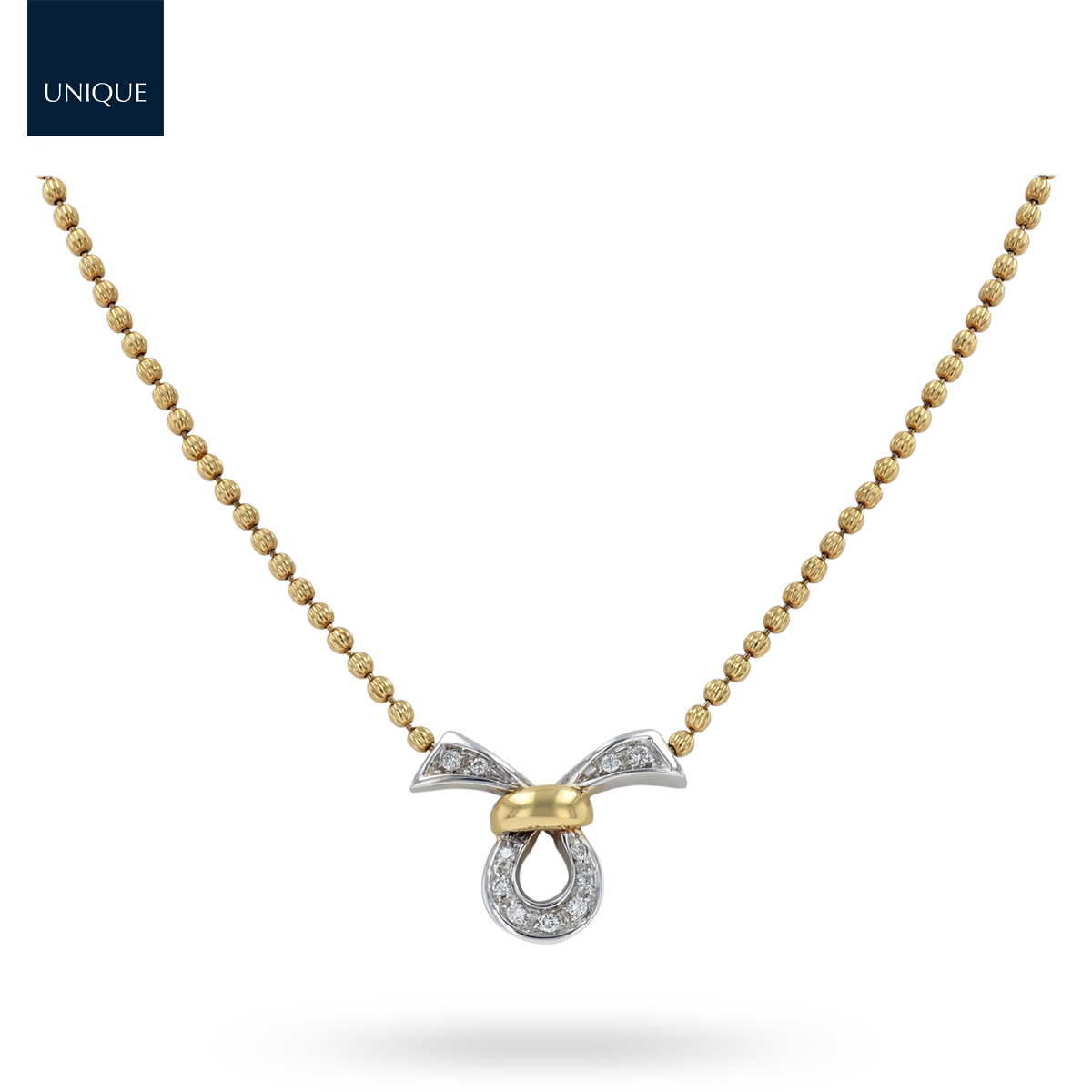 18ct Yellow & White Gold Diamond Set Beaded Bow Necklace