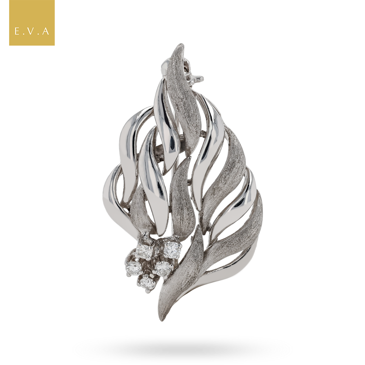 18ct White Gold Diamond Flame-like Leaf Brooch
