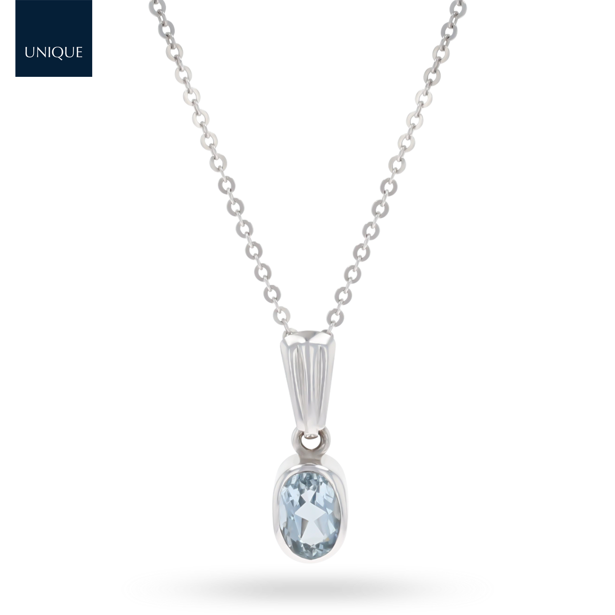 9ct White Gold Oval Aquamarine Bezel Set Solitaire Pendant & Chain