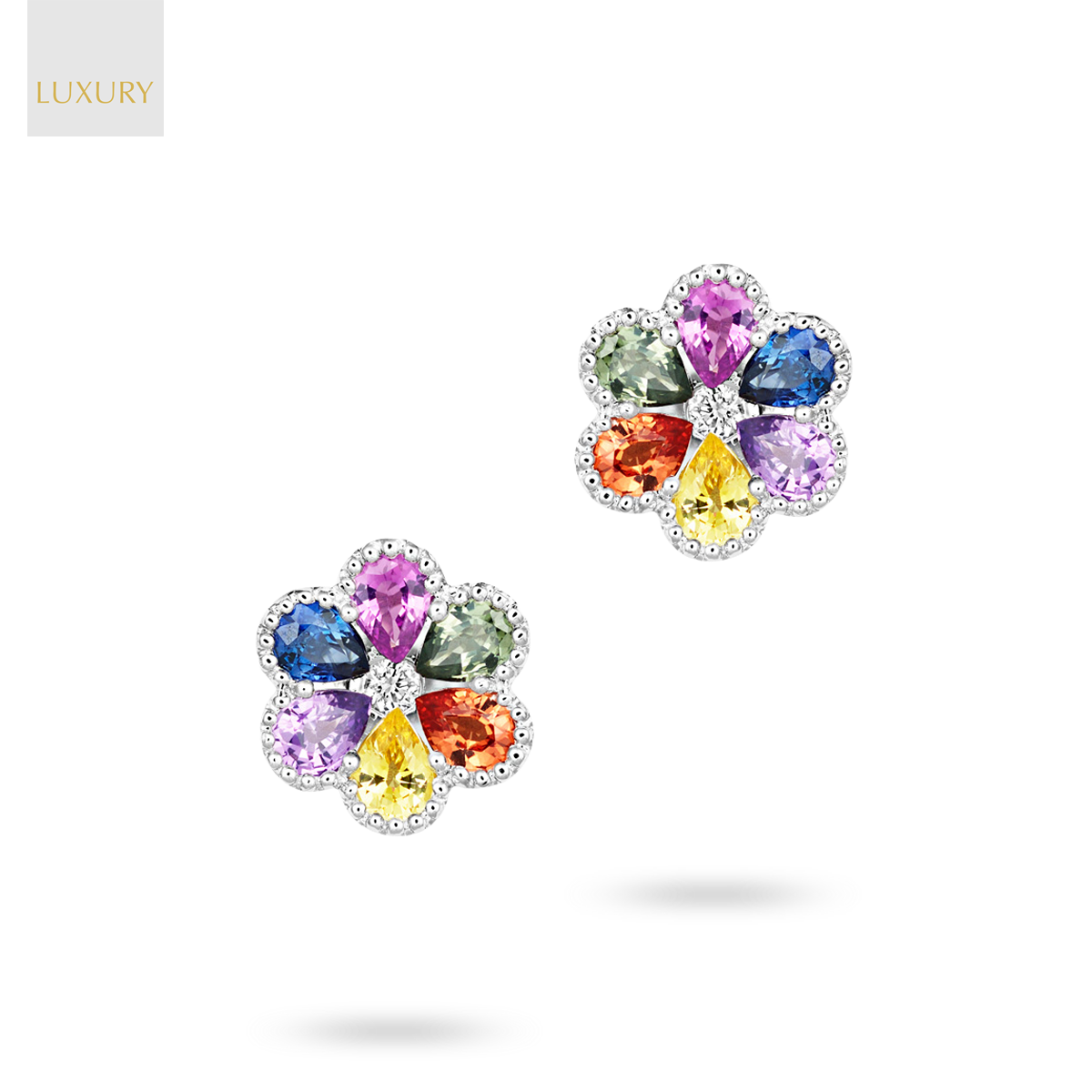 18ct White Gold Fancy Sapphire & Diamond Flower Stud Earrings