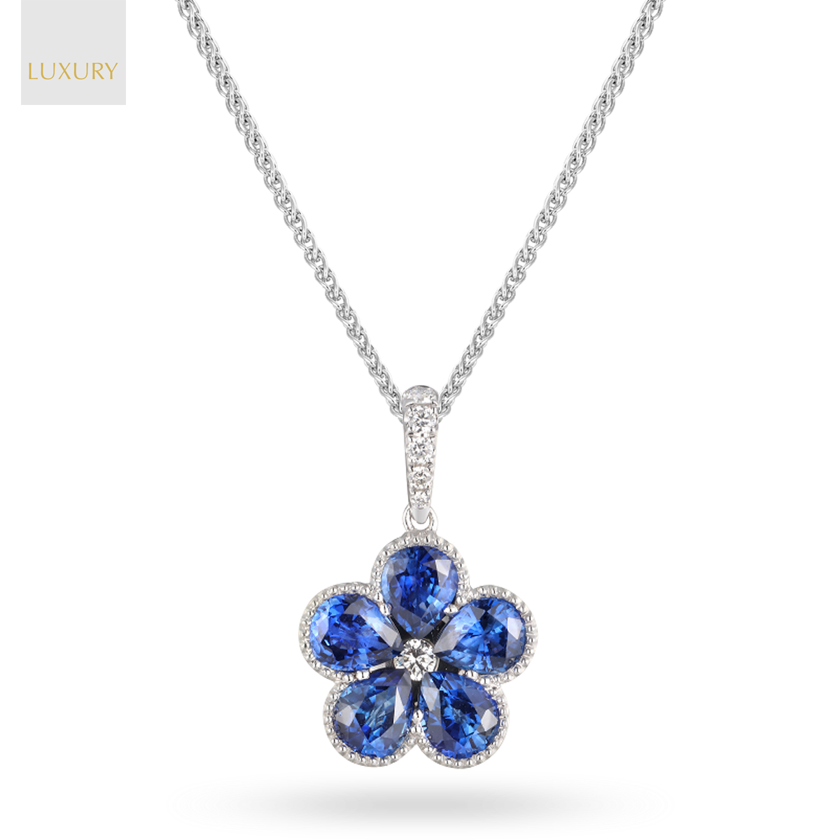 18ct White Gold Sapphire & Diamond Flower Pendant & Chain