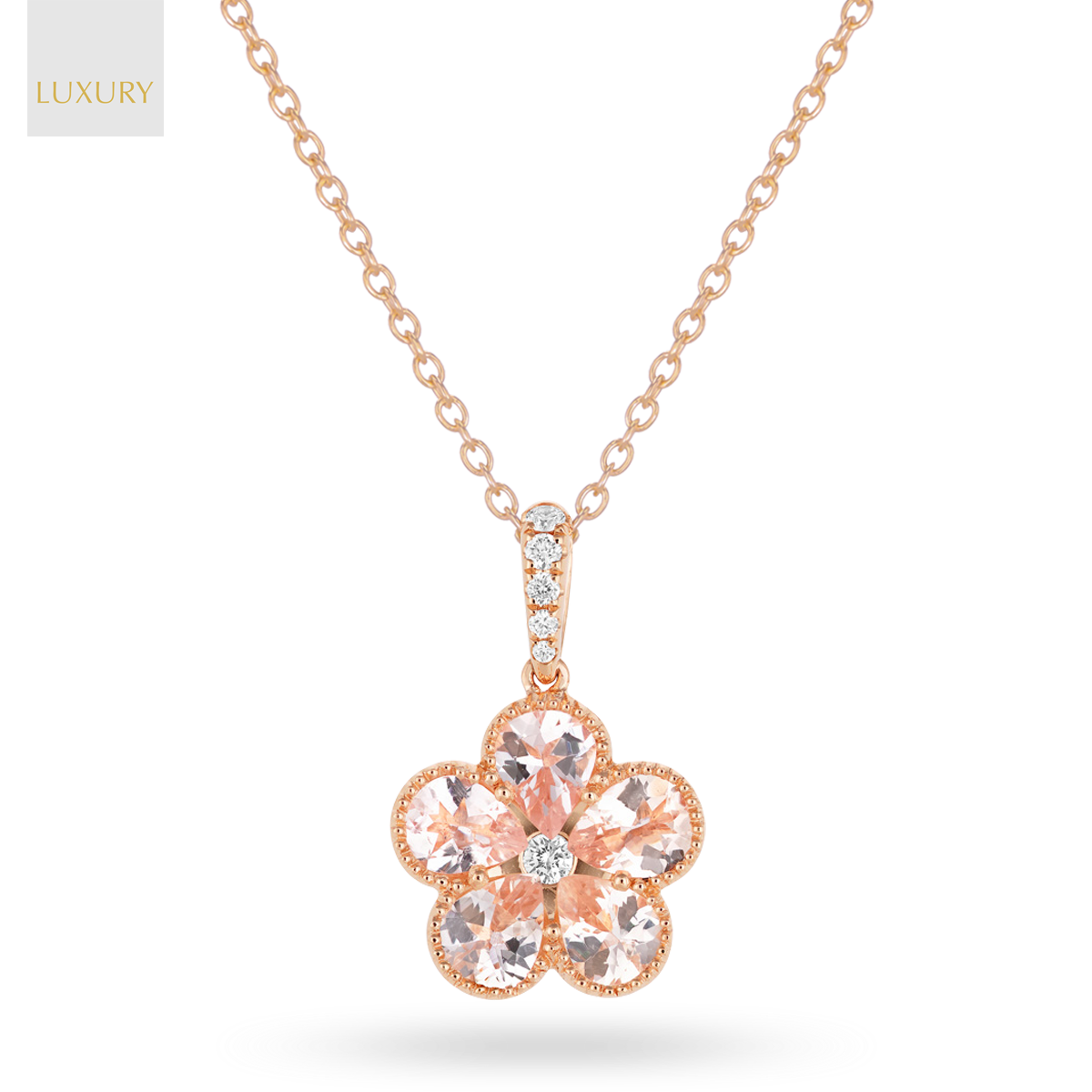 18ct Rose Gold Morganite & Diamond Flower Pendant & Chain
