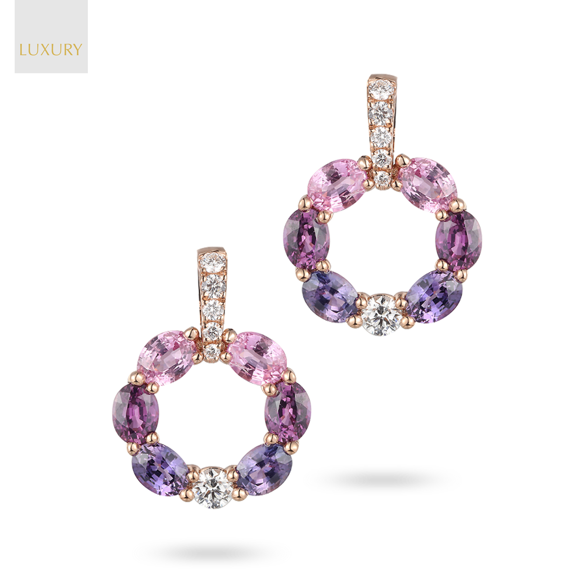 18ct Rose Gold Fancy Sapphire & Diamond Circle Drop Earrings