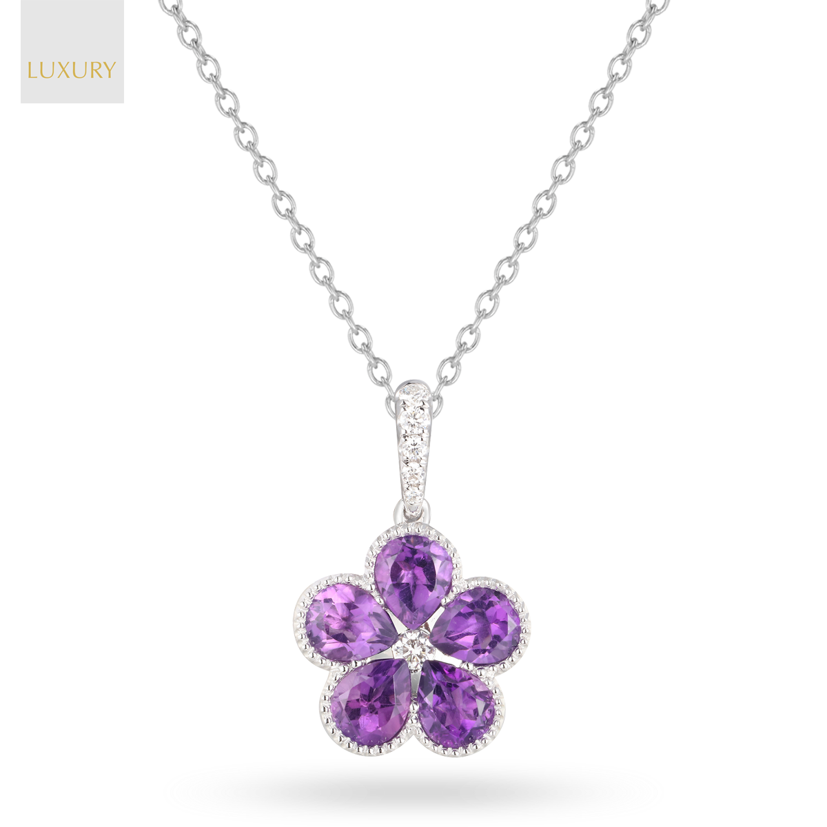18ct White Gold Amethyst & Diamond Flower Pendant & Chain