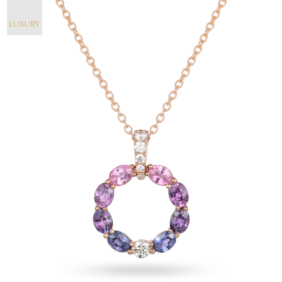 18ct Rose Gold Fancy Sapphire & Diamond Circle Pendant & Chain