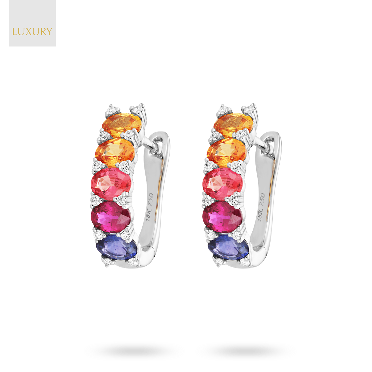 18ct White Gold Fancy Sapphire & Diamond Half Set Hoop Earrings