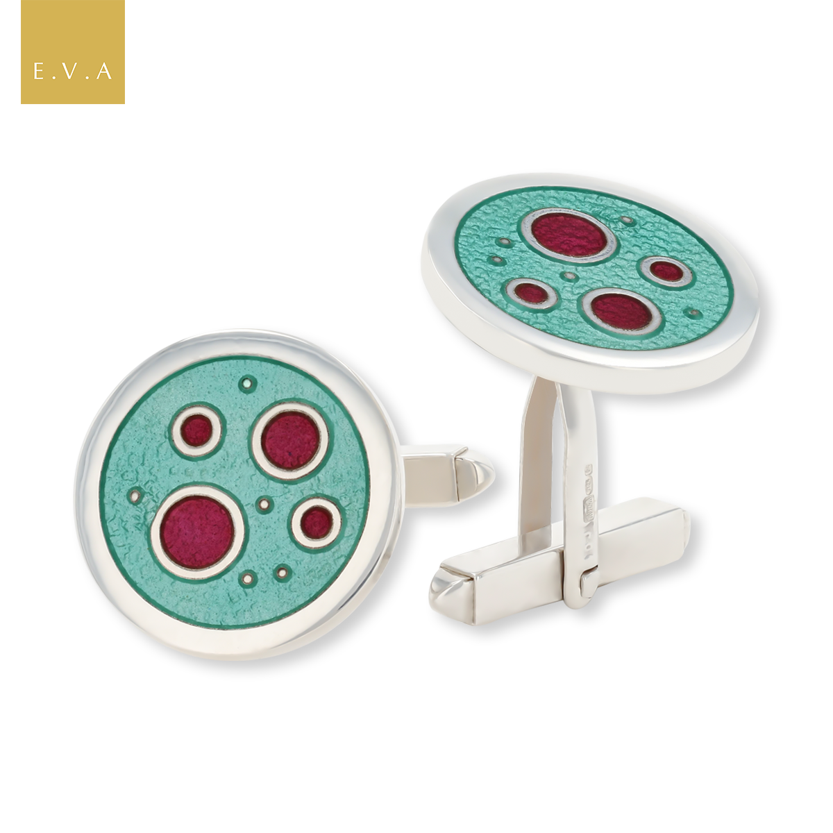 Sterling Silver Abstract Green & Red Enamel Round Cufflinks