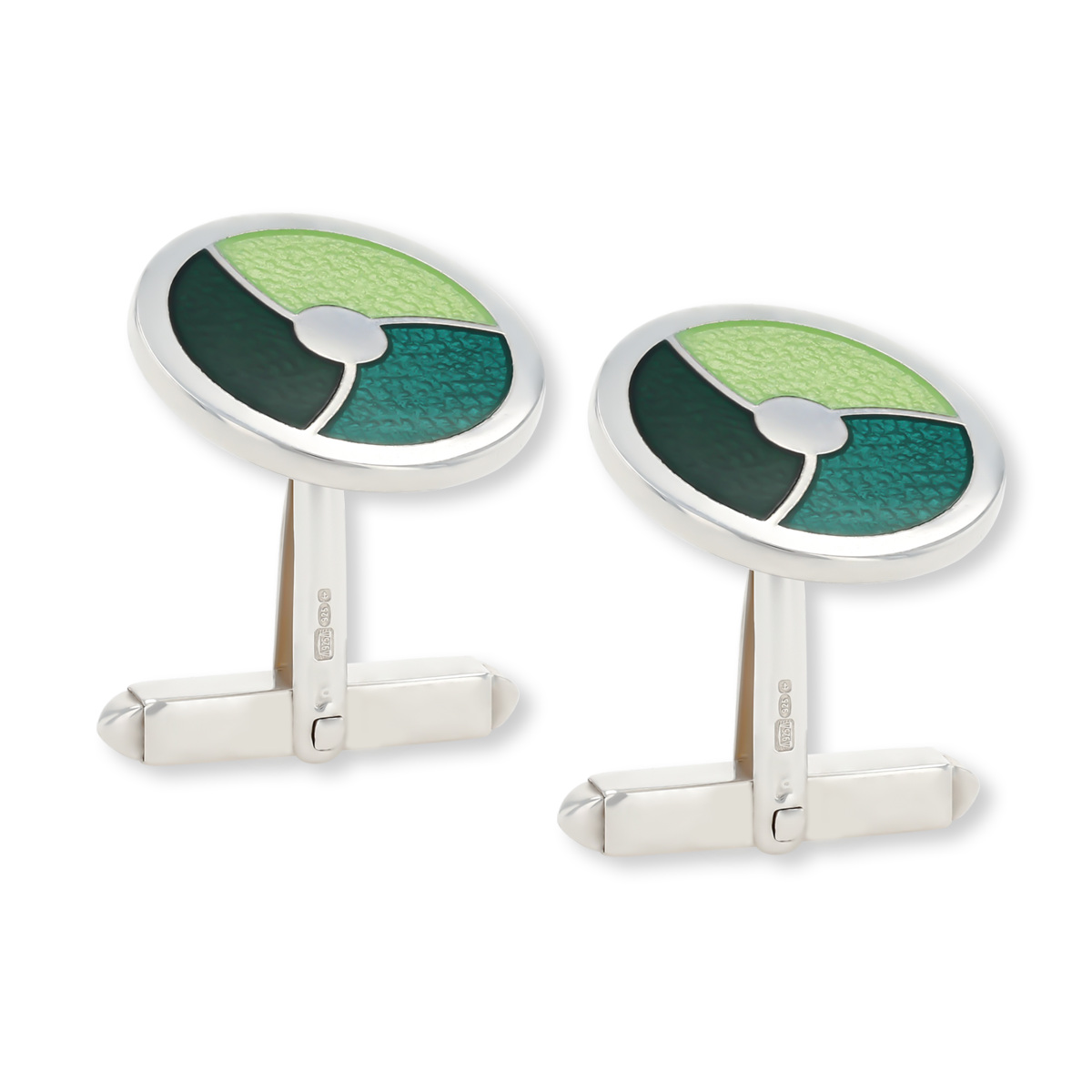 Sterling Silver Round Cufflinks With Green Enamel