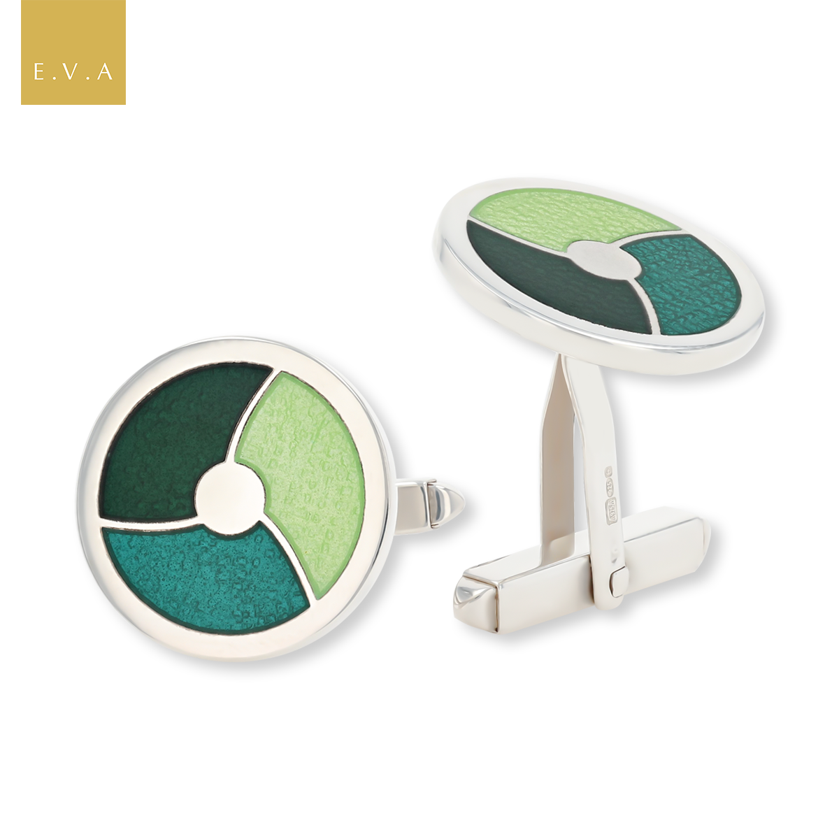 Sterling Silver Round Cufflinks With Green Enamel