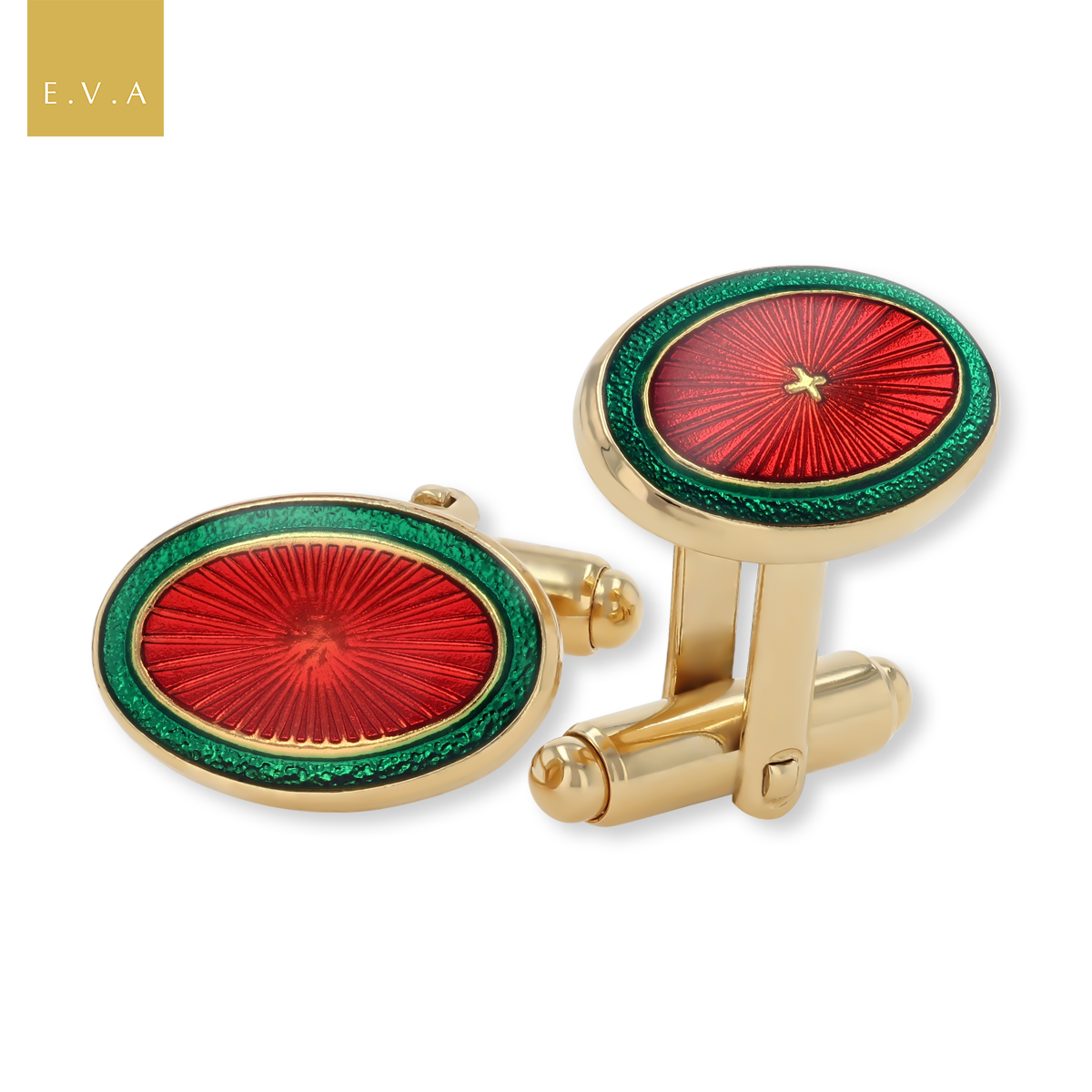 Gold Plated Red & Green Enamel Oval Cufflinks