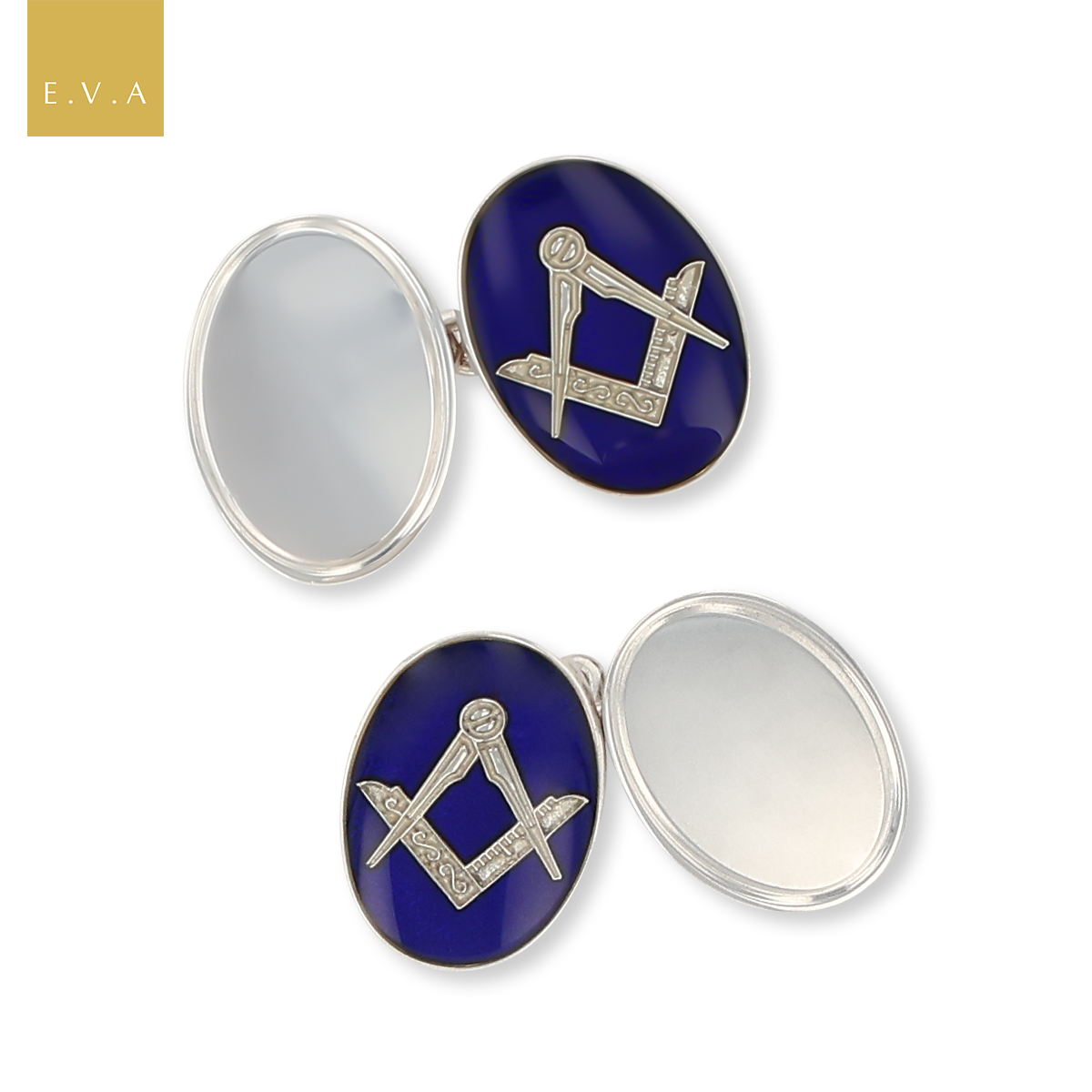 Sterling Silver Oval Masonic Cufflinks With Blue Enamel