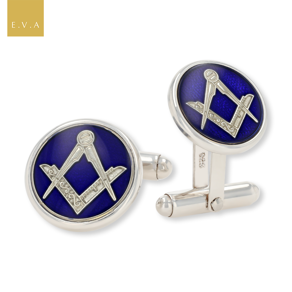 Sterling Silver Round Masonic Cufflinks With Blue Enamel