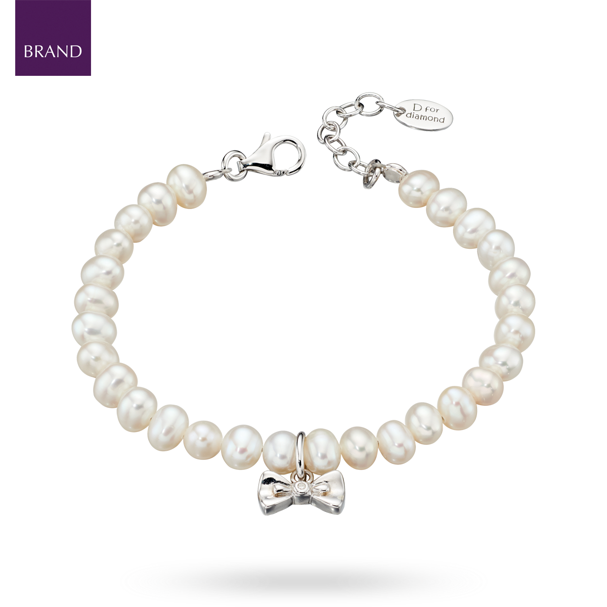 Sterling Silver Freshwater Pearl & Diamond Bow Charm Bracelet