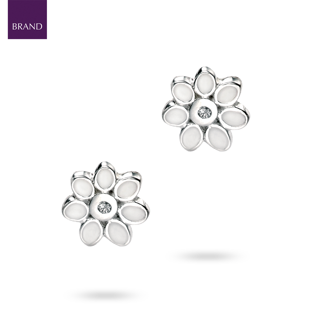 Sterling Silver White Enamel Daisy Stud Earrings With Diamond