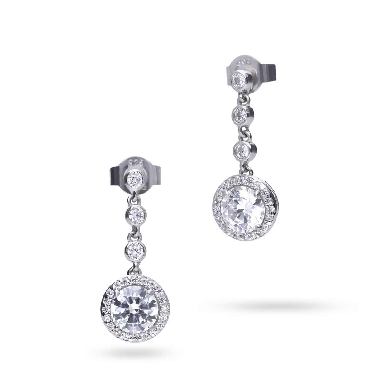 Sterling Silver Round Cubic Zirconia Halo Drop Earrings