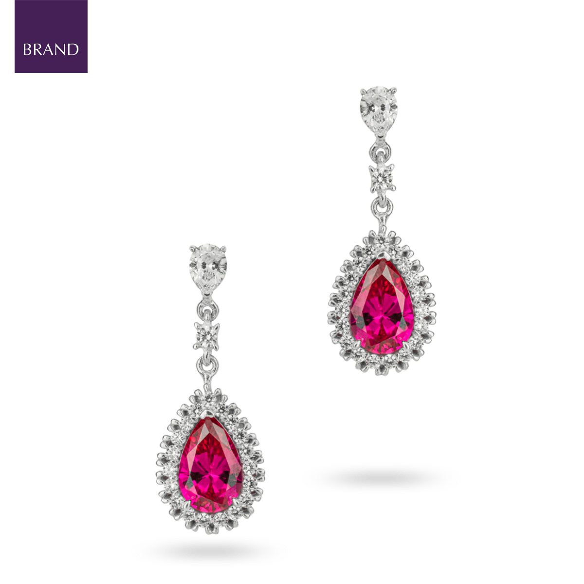 Sterling Silver Teardrop Red Cubic Zirconia With Pave Surround Drop Earrings