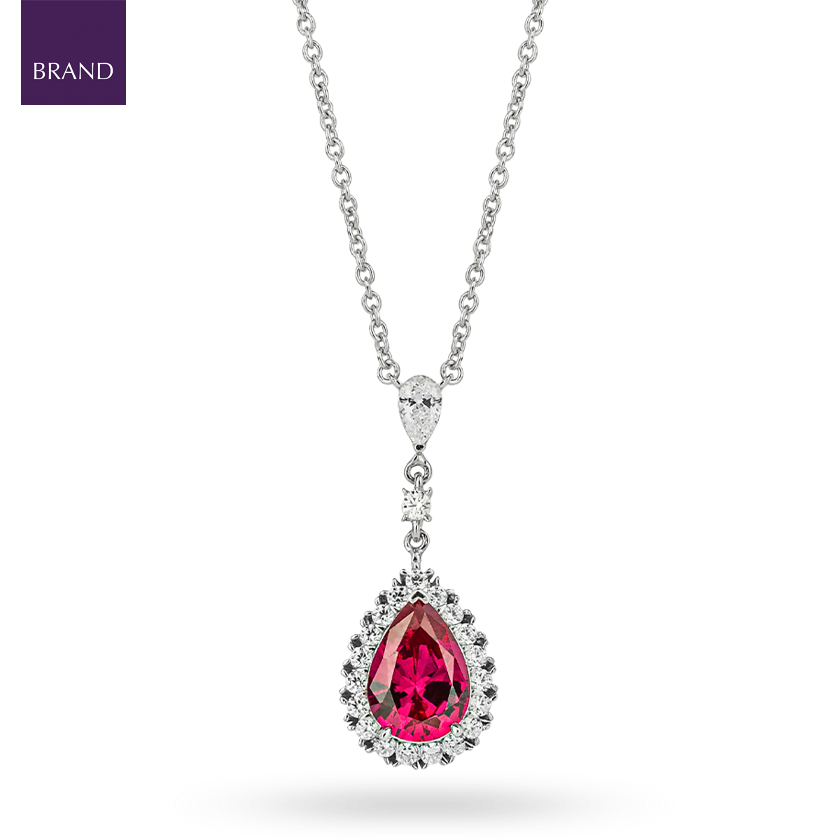 Sterling Silver Red Cubic Zirconia Teardrop with Pave Surround Necklace