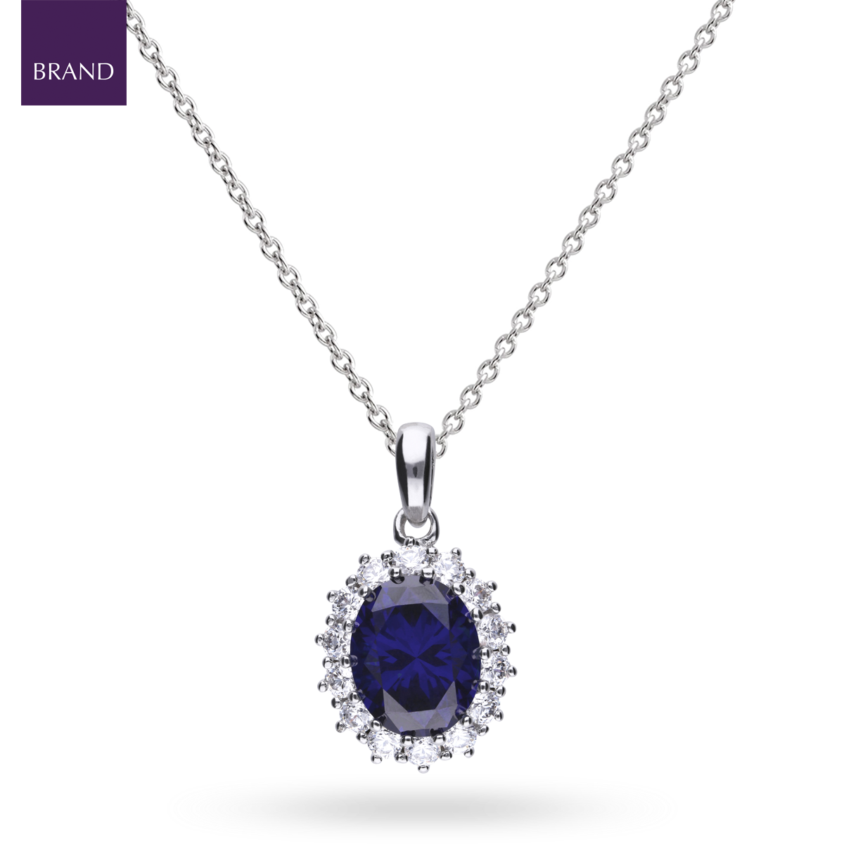 Sterling Silver Oval Shaped Blue Cubic Zirconia Cluster Pendant & Chain