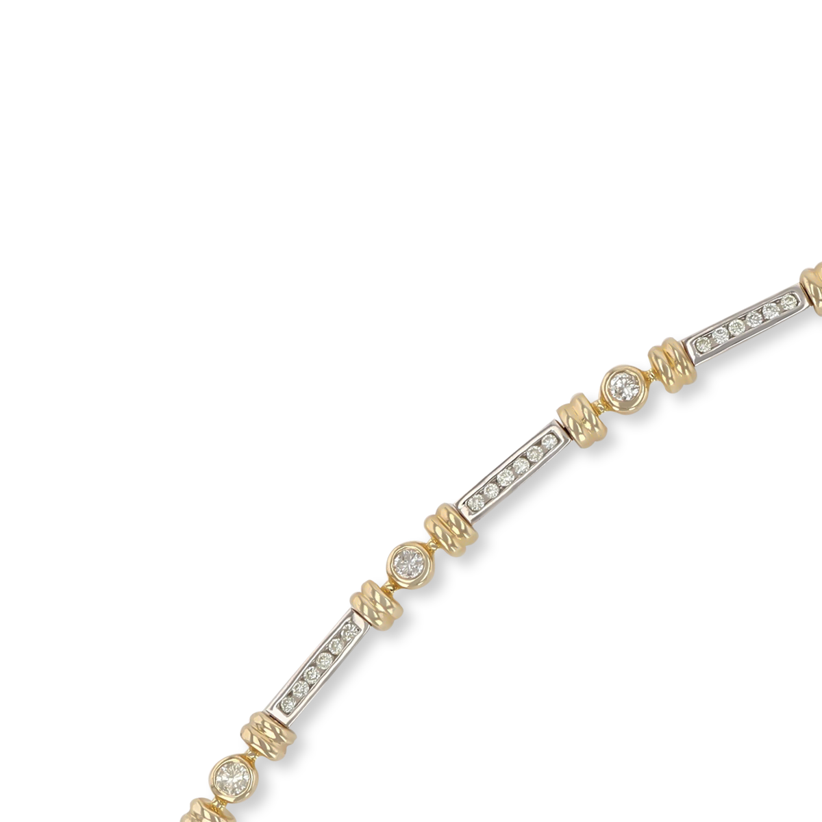 9ct Yellow & White Gold 7" Diamond Channel Set Bar & Bezel Set Round Link Bracelet