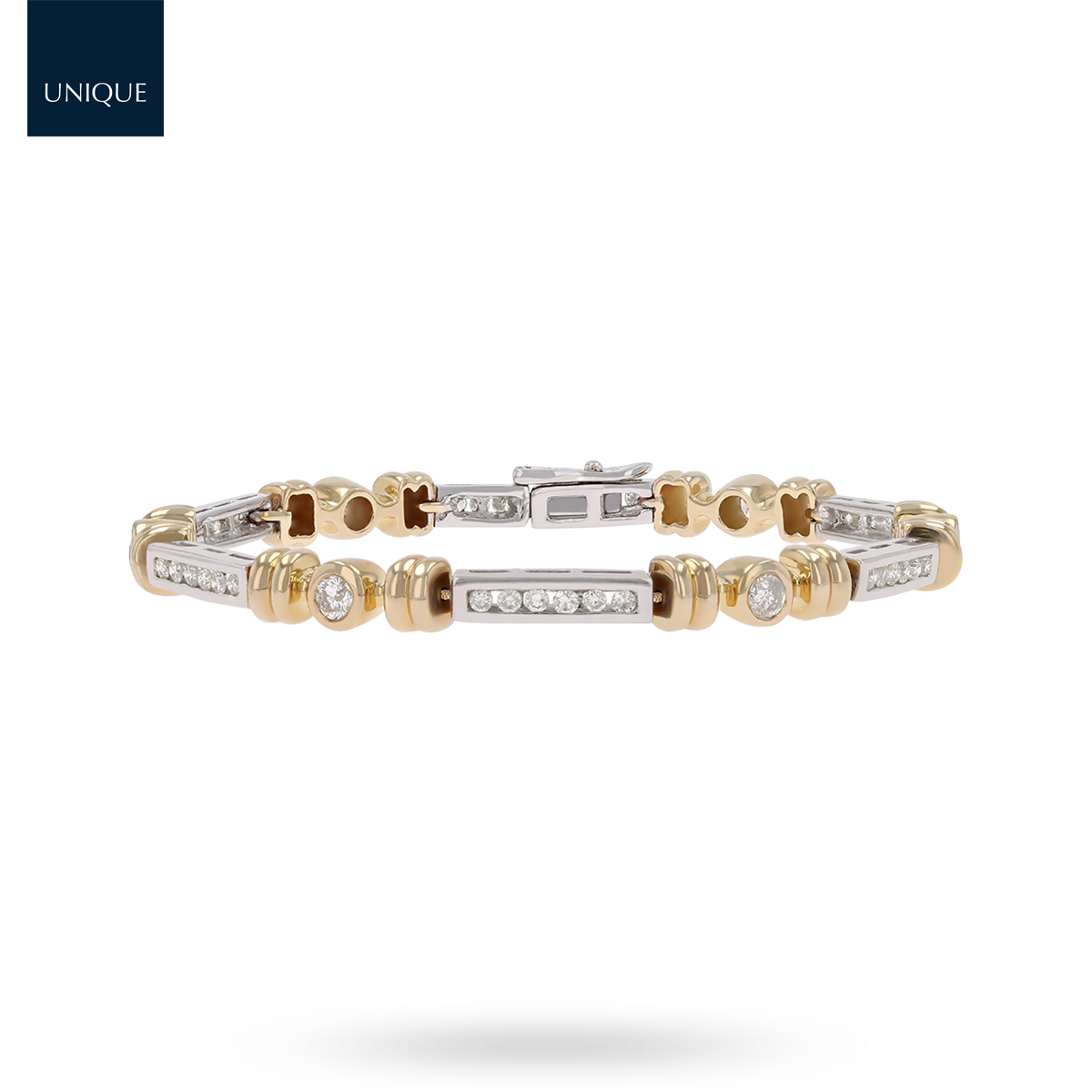 9ct Yellow & White Gold 7" Diamond Channel Set Bar & Bezel Set Round Link Bracelet