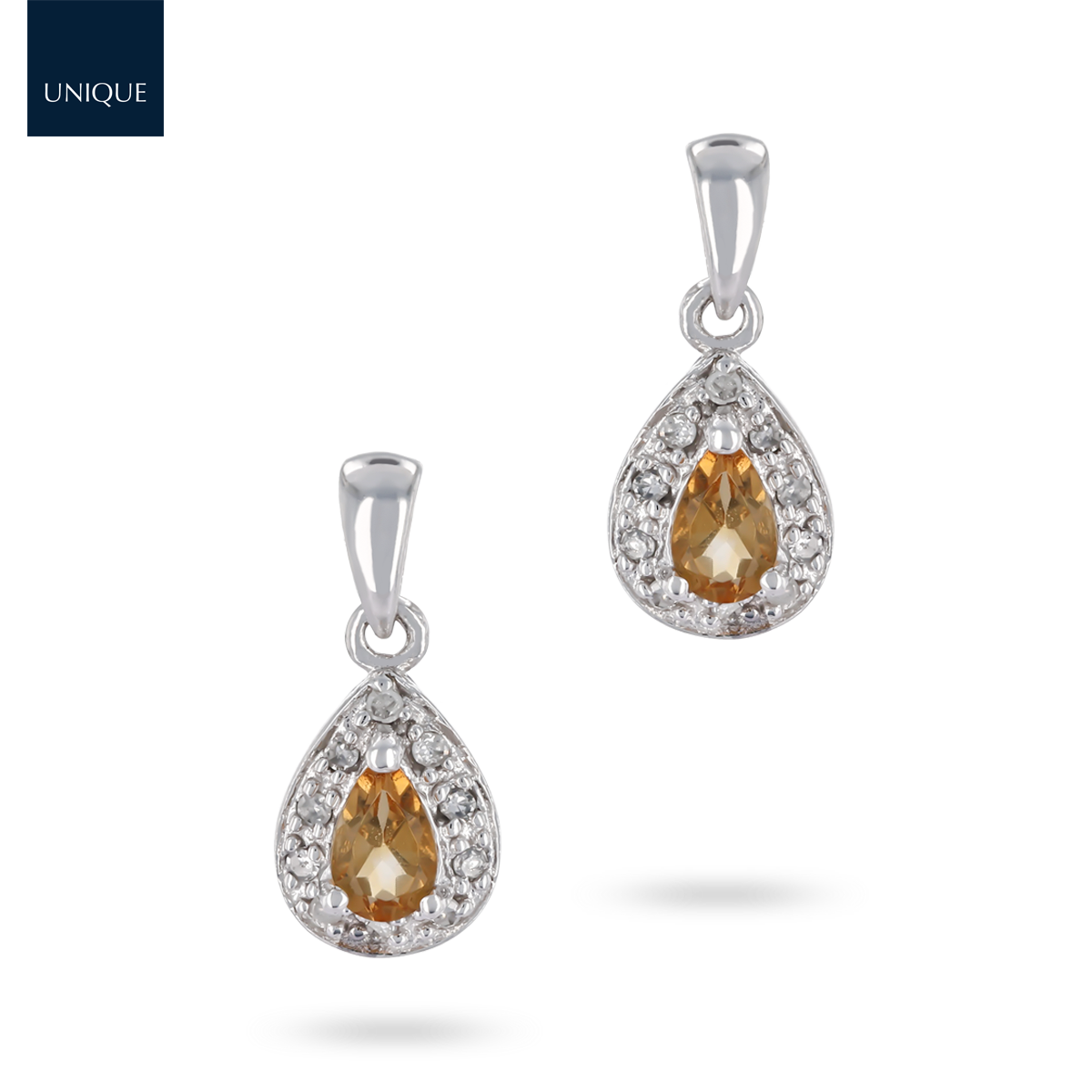 9ct White Gold Citrine & Diamond Halo Drop Earrings