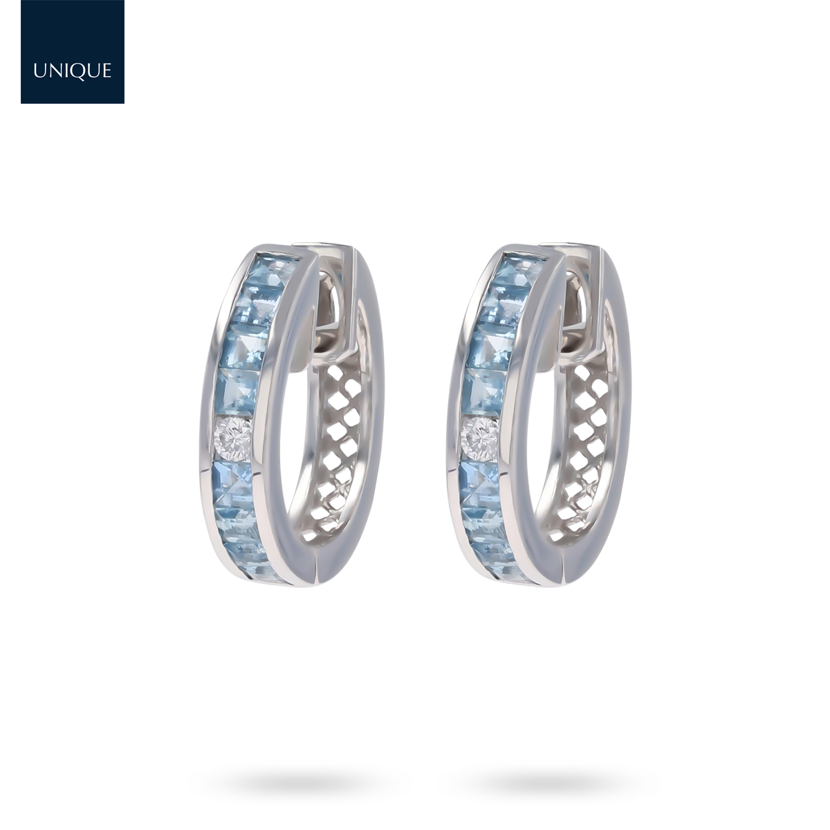 18ct White Gold Aquamarine & Diamond Half Set Hoop Earrings