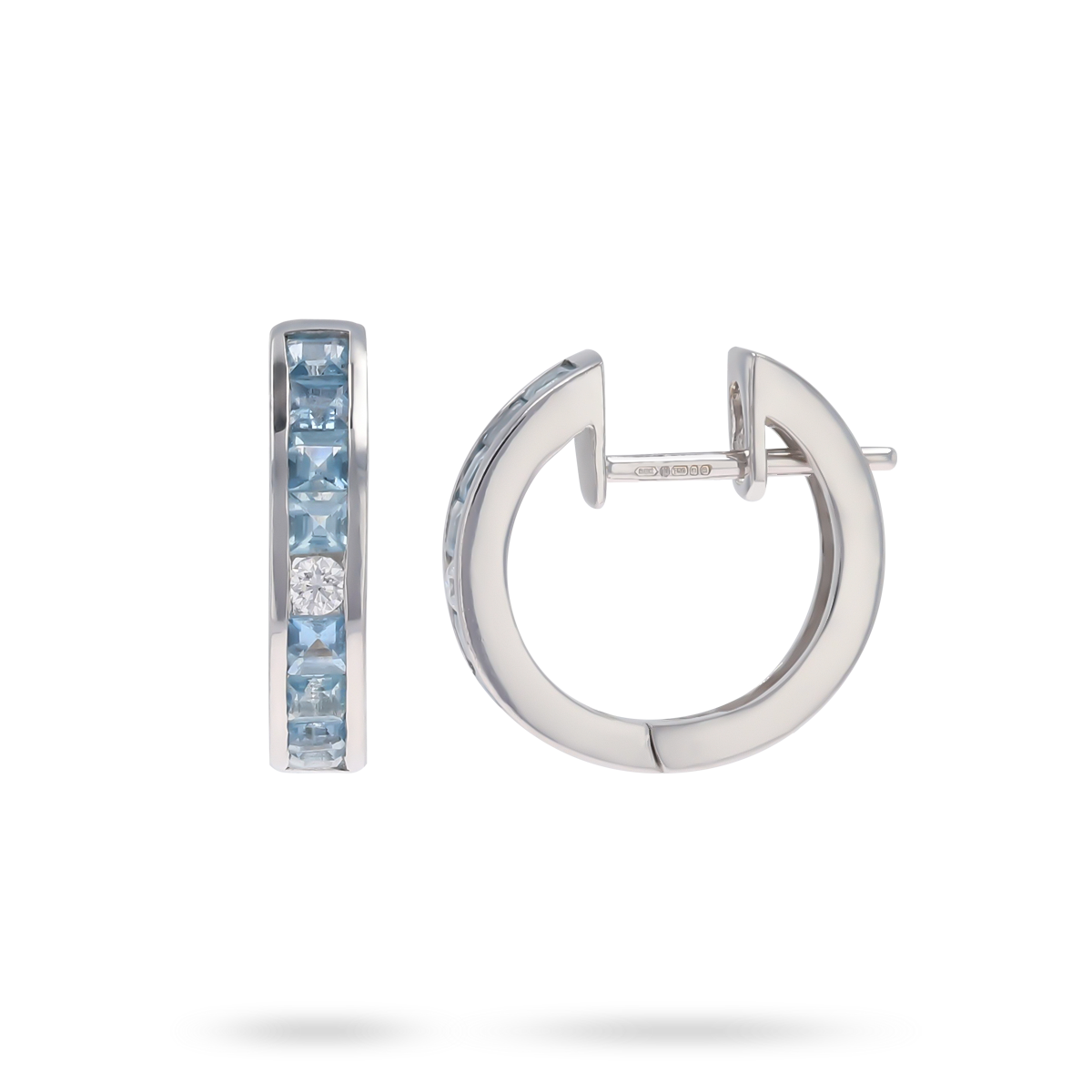 18ct White Gold Aquamarine & Diamond Half Set Hoop Earrings