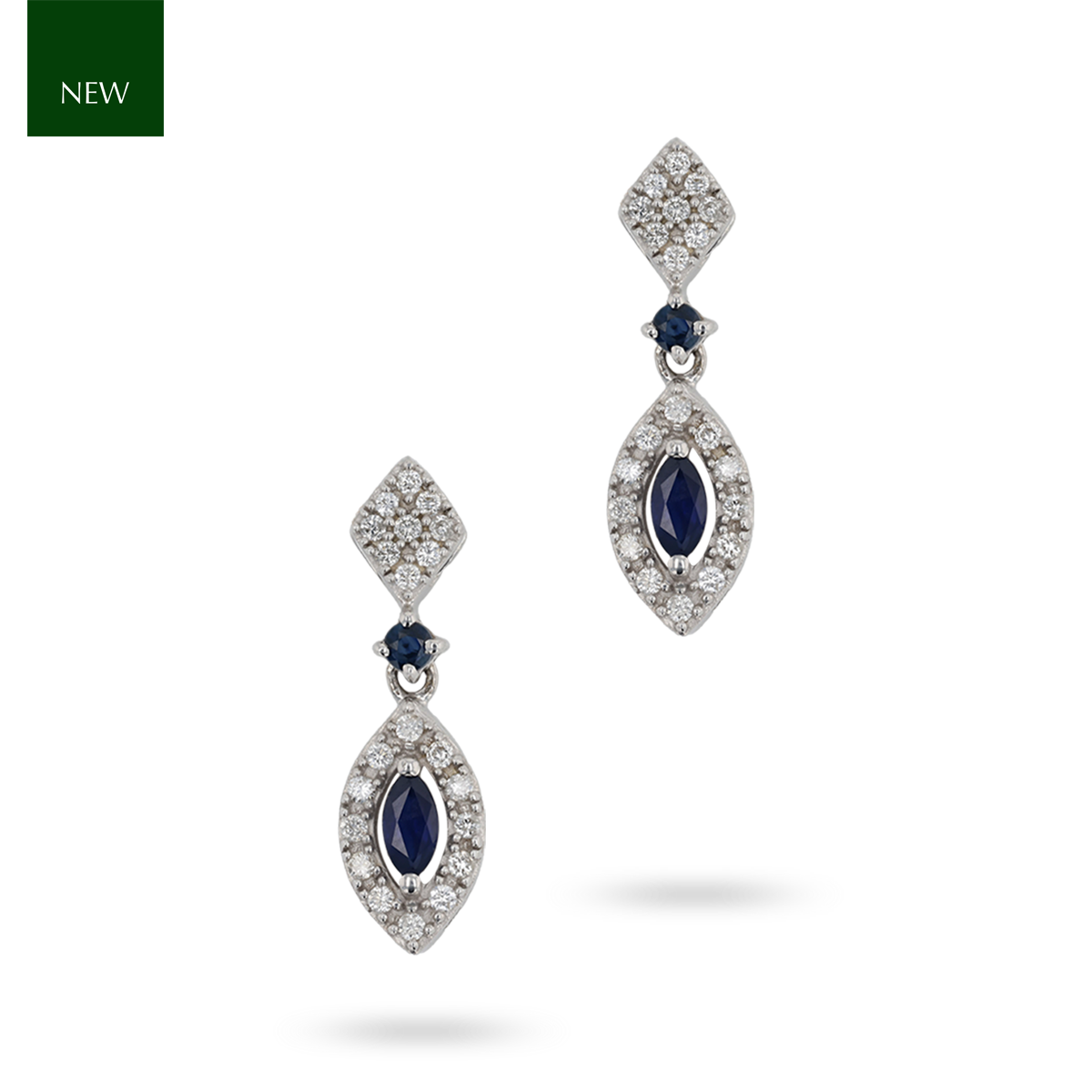 9ct White Gold Sapphire & Diamond Marquise Cluster Drop Earrings