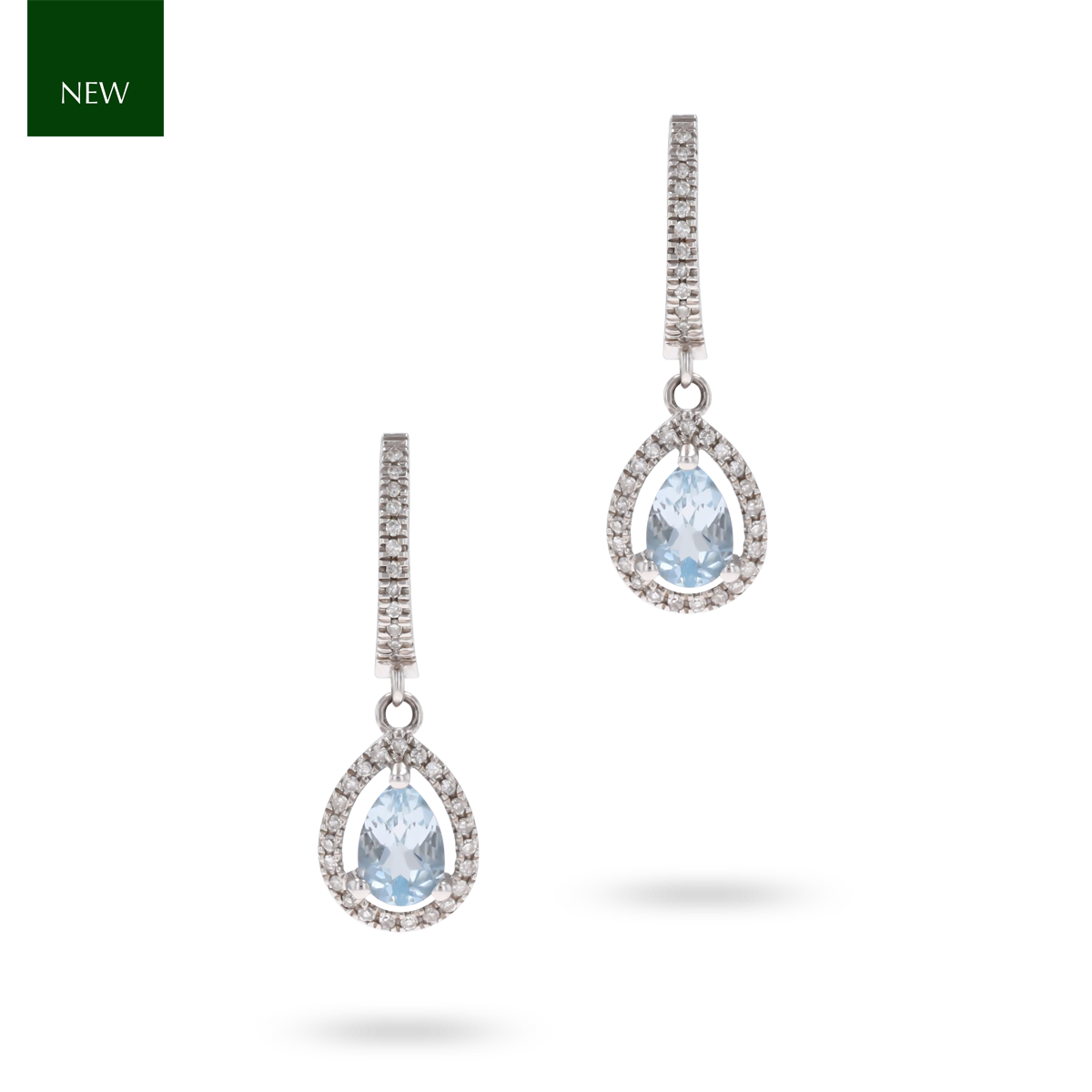 14ct White Gold Pear Shaped Aquamarine & Diamond Halo Drop Earrings