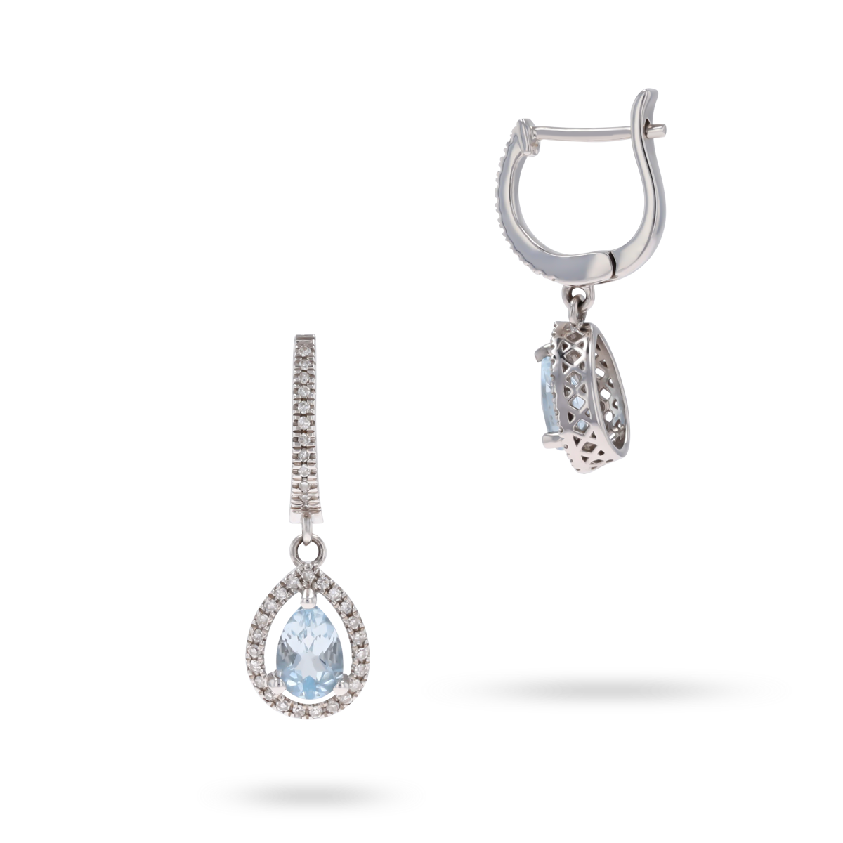 14ct White Gold Pear Shaped Aquamarine & Diamond Halo Drop Earrings