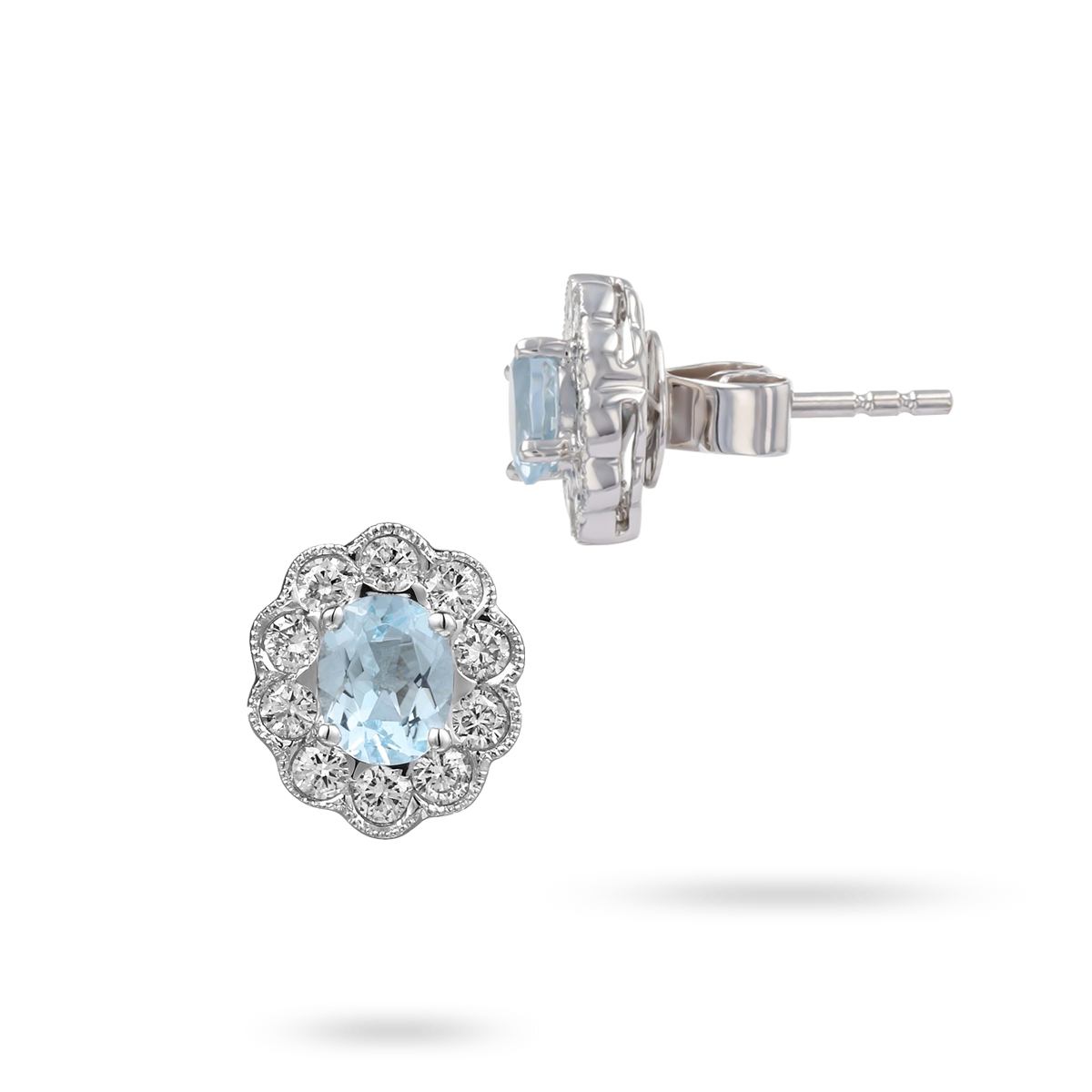 18ct White Gold Aquamarine & Diamond Oval Cluster Stud Earrings