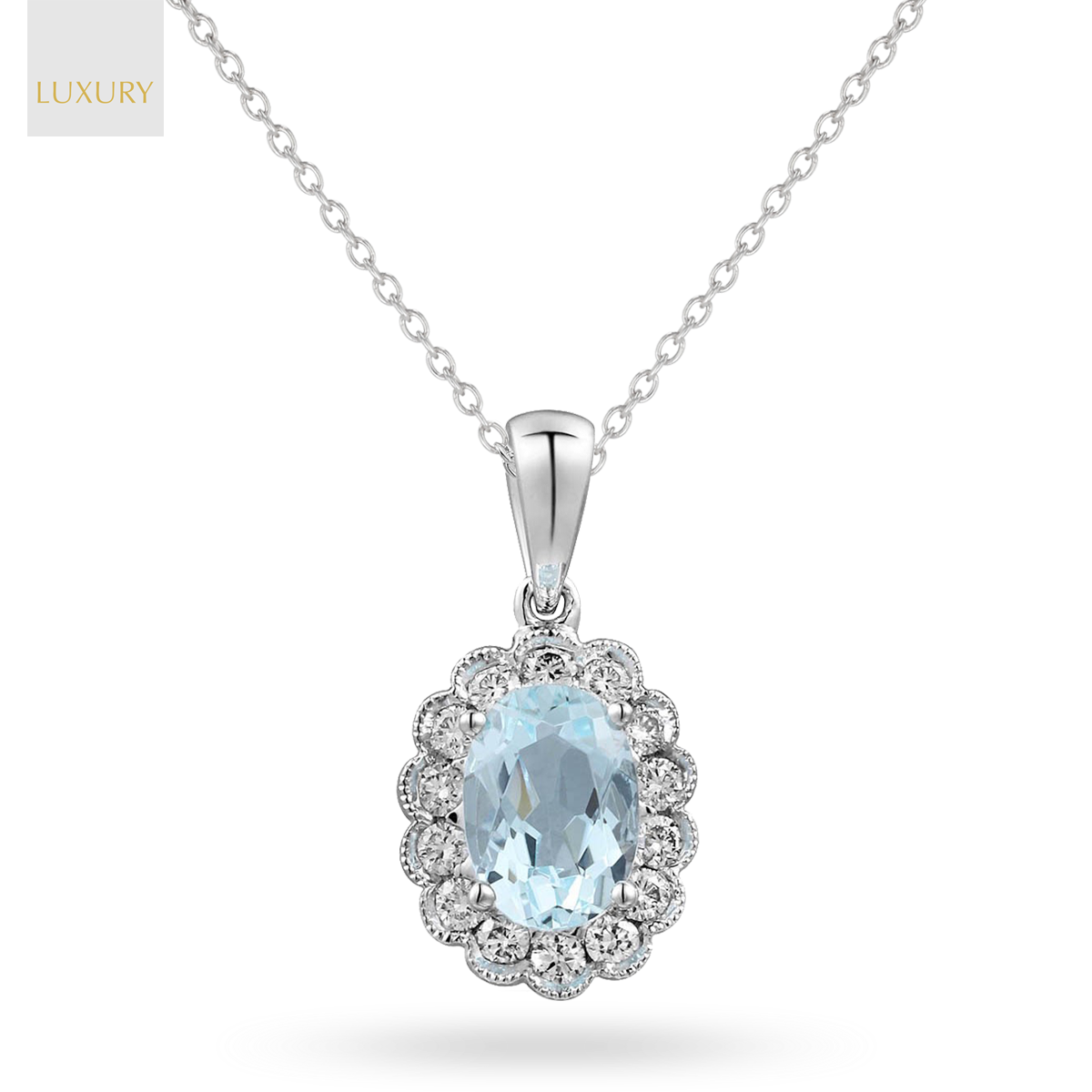 18ct White Gold Aquamarine & Diamond Oval Cluster Pendant & Chain