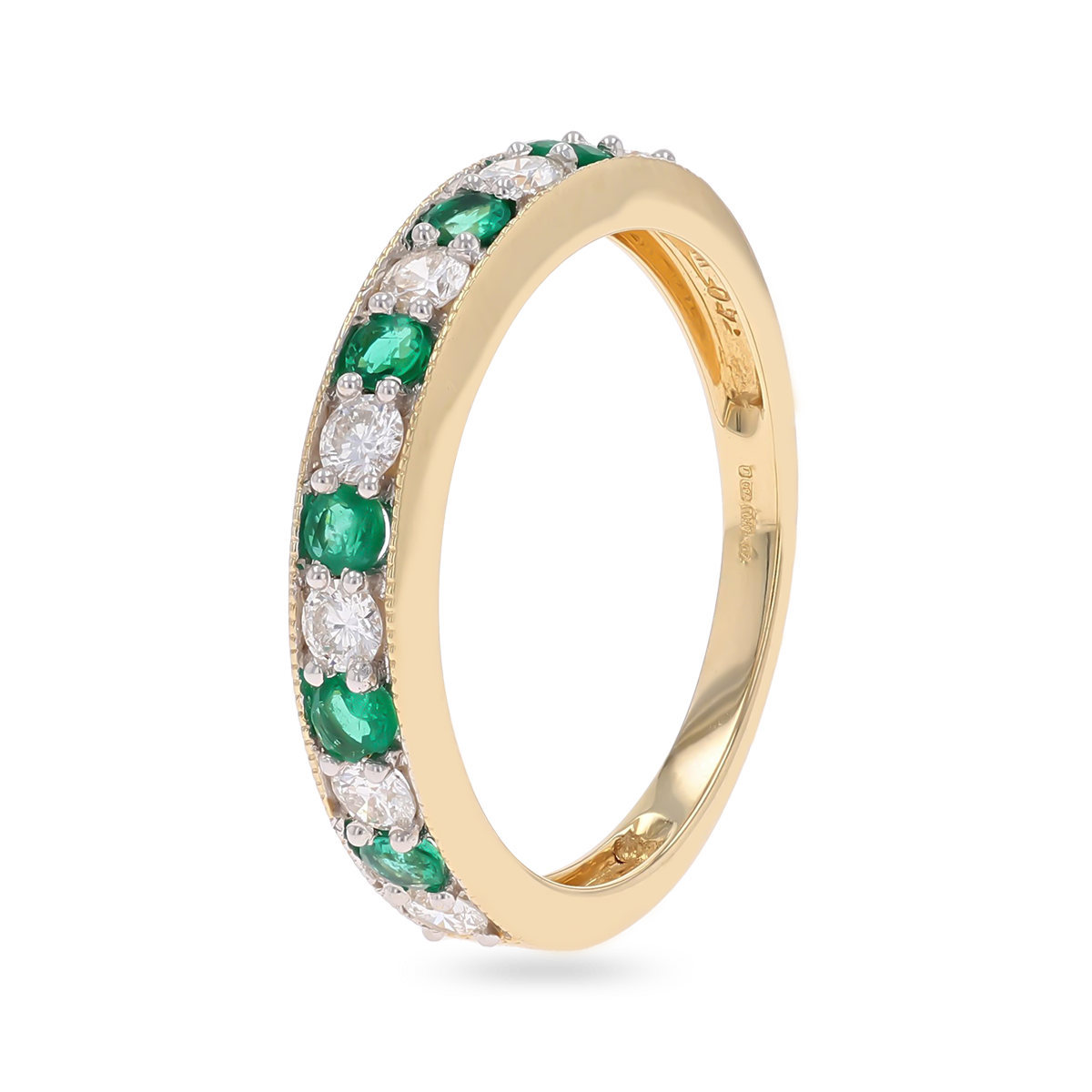 18ct Yellow Gold 0.40cts Diamond & Emerald Mille-Grain Set Eternity Ring