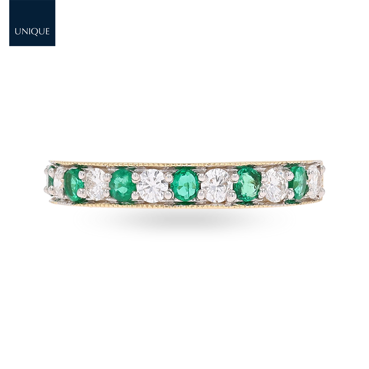 18ct Yellow Gold 0.40cts Diamond & Emerald Mille-Grain Set Eternity Ring