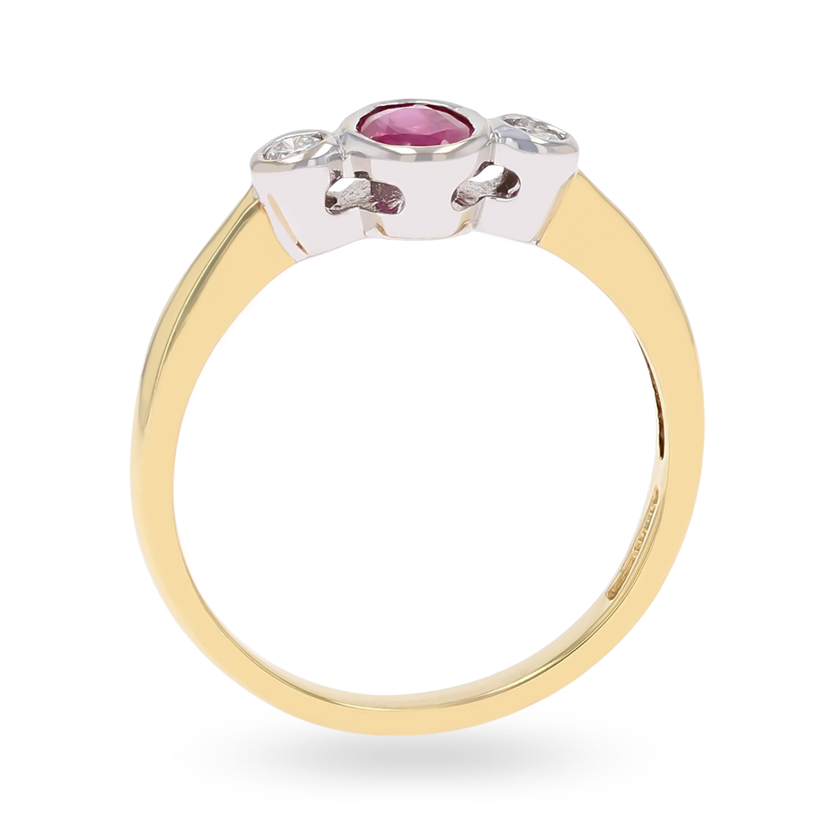 18ct Yellow Gold Ruby & Diamond Bezel Set Trilogy Ring