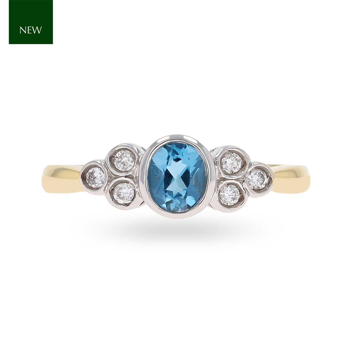 18ct Yellow Gold Blue Topaz & Diamond Bezel Set Seven Stone Ring