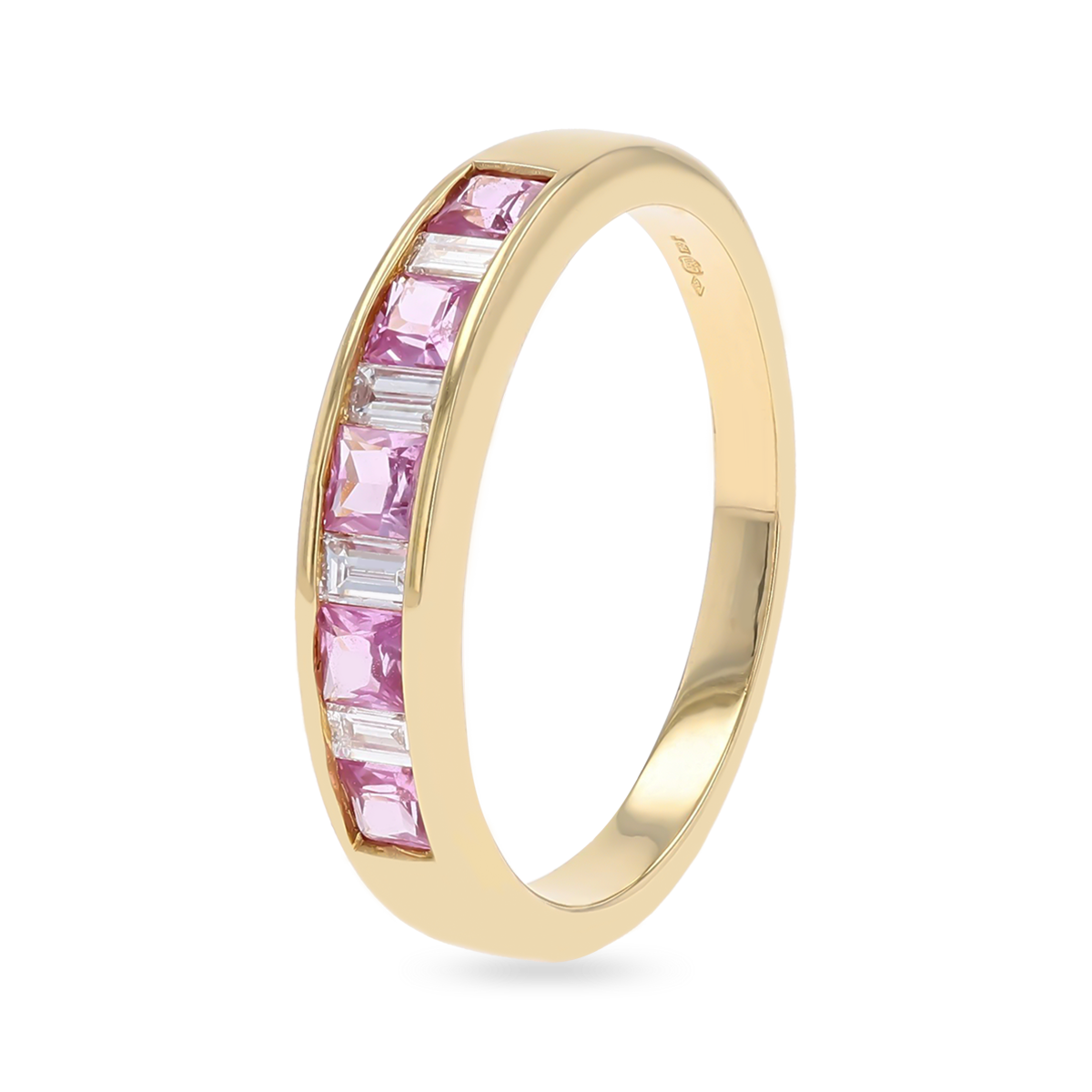 18ct Yellow Gold Princess Cut Pink Sapphire & Baguette Cut Diamond Eternity Ring