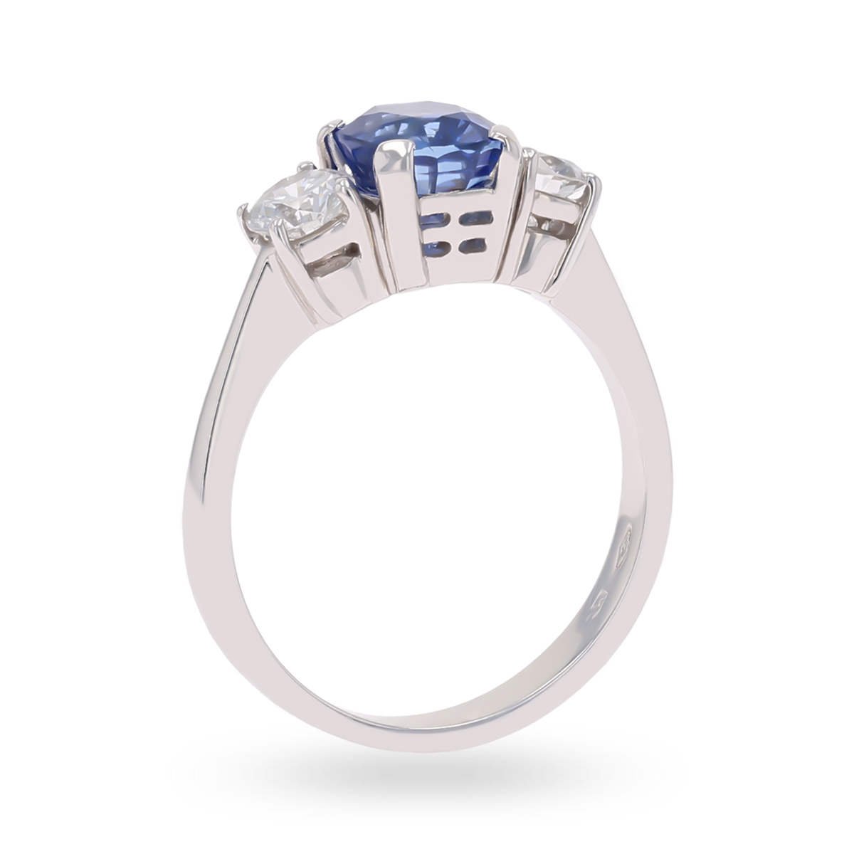 18ct White Gold Cushion Shaped Sapphire & Diamond Trilogy Ring - Front