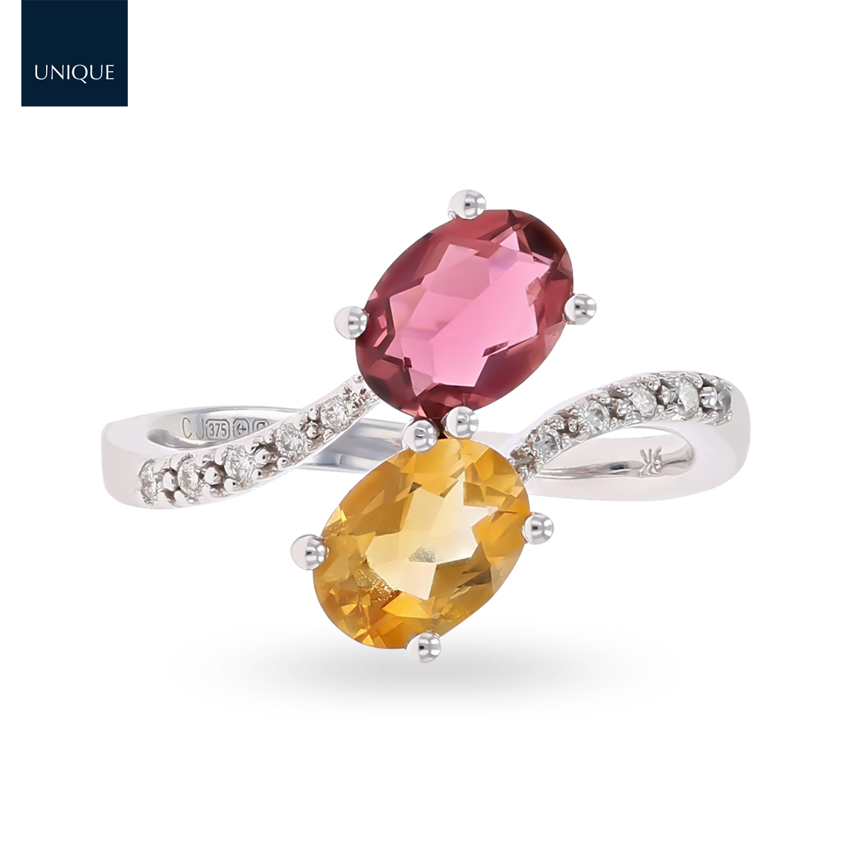 9ct White Gold Pink Tourmaline, Citrine & Diamond Toi et Moi Ring
