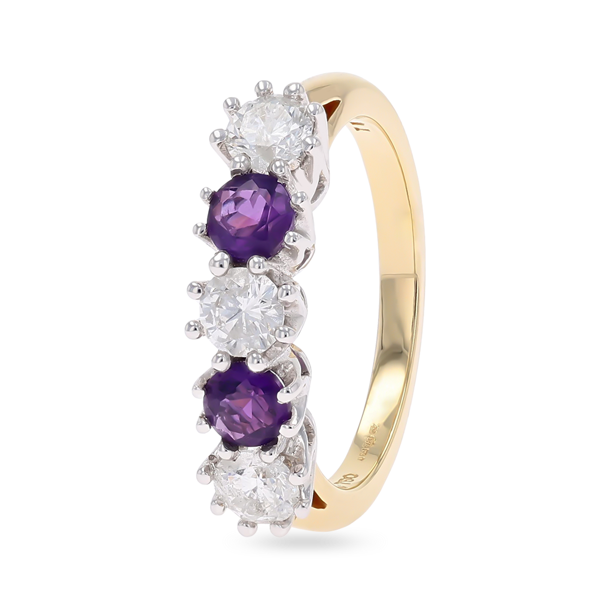18ct Yellow Gold 0.75cts Diamond & Amethyst Five Stone Ring