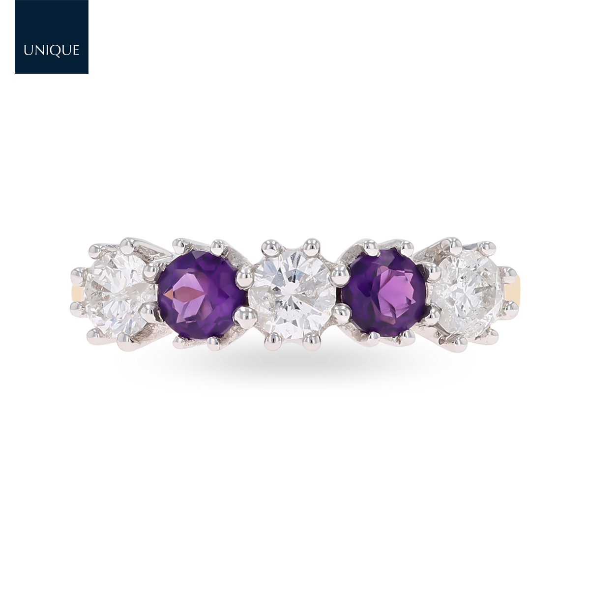 18ct Yellow Gold 0.75cts Diamond & Amethyst Five Stone Ring