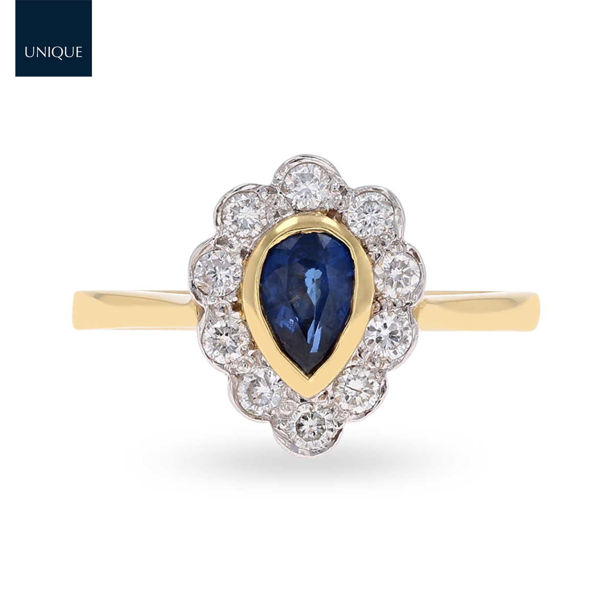18ct Yellow Gold Pear Shaped Sapphire & Diamond Cluster Ring