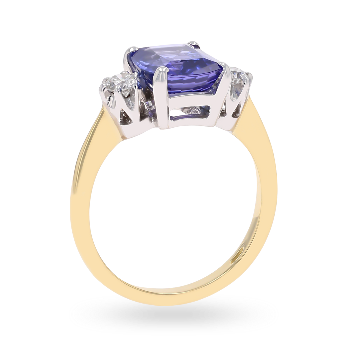 18ct Yellow Gold Cushion Shaped Tanzanite & Diamond Trilogy Ring